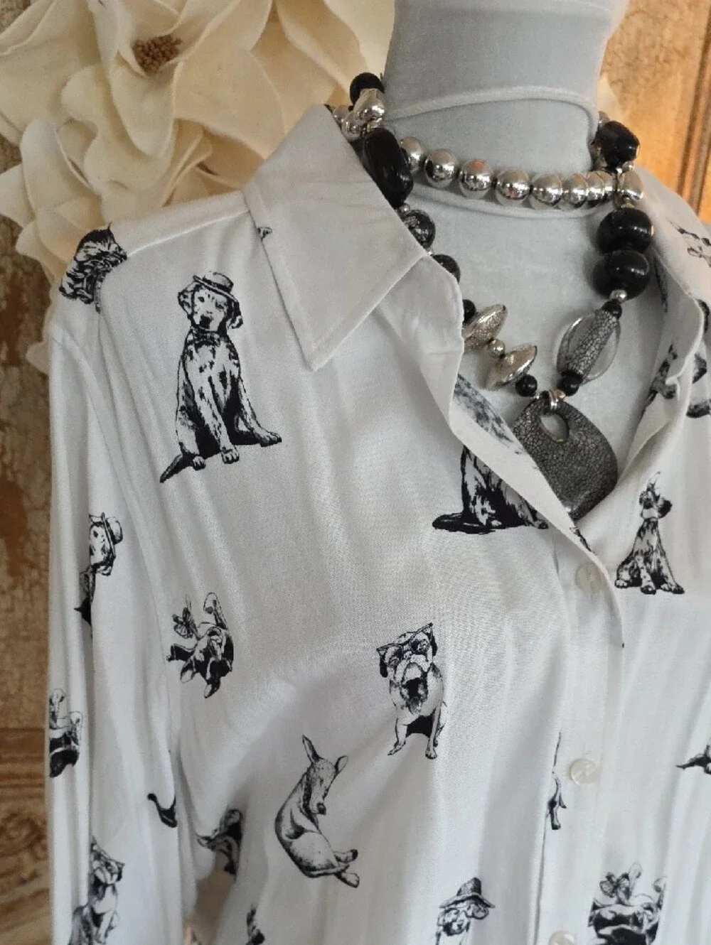 Jane and Delancey White Button-Down Shirt with Black Dog Print - Picture 2 of 8